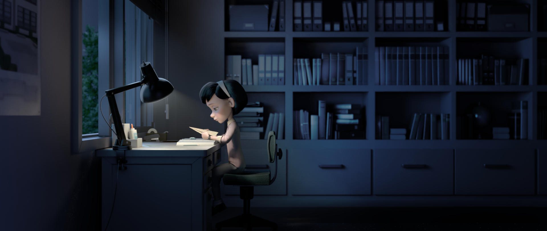 HD PC desktop wallpaper featuring a scene from the movie The Little Prince, showing a young girl reading at a desk in a dimly lit room with bookshelves in the background.