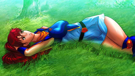 HD PC desktop wallpaper featuring a character from the video game Valis IV lying on grass in a vibrant, colorful setting.