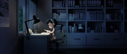 HD PC desktop wallpaper featuring a scene from the movie The Little Prince, showing a young girl reading at a desk in a dimly lit room with bookshelves in the background.