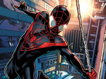 A vibrant HD desktop wallpaper featuring Ultimate Spider-Man in action, swinging through a tech-filled environment, showcasing dynamic comic art and bold colors.