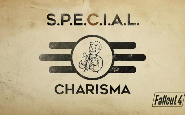 Vault Boy from Fallout 4 highlights the S.P.E.C.I.A.L. attribute of Charisma on this HD desktop wallpaper, featuring a vintage design and playful graphic style.