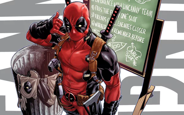 A vibrant HD wallpaper featuring Deadpool, the Merc with a Mouth, poses playfully with a chalkboard, showcasing his comic book style and humor against a dynamic background.