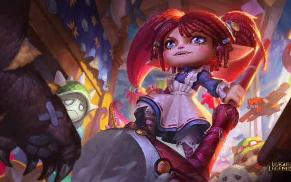 A vibrant HD wallpaper featuring Poppy from League of Legends, showcasing her playful character in a whimsical, toy-filled environment. Perfect for fans of the game.