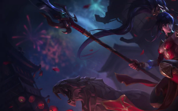 Nidalee from League of Legends stands poised with her spear in a vibrant, dynamic scene, surrounded by dramatic lighting and a dark, mysterious atmosphere, featuring a fierce creature by her side.