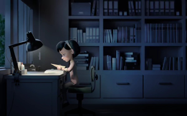 HD PC desktop wallpaper featuring a scene from the movie The Little Prince, showing a young girl reading at a desk in a dimly lit room with bookshelves in the background.