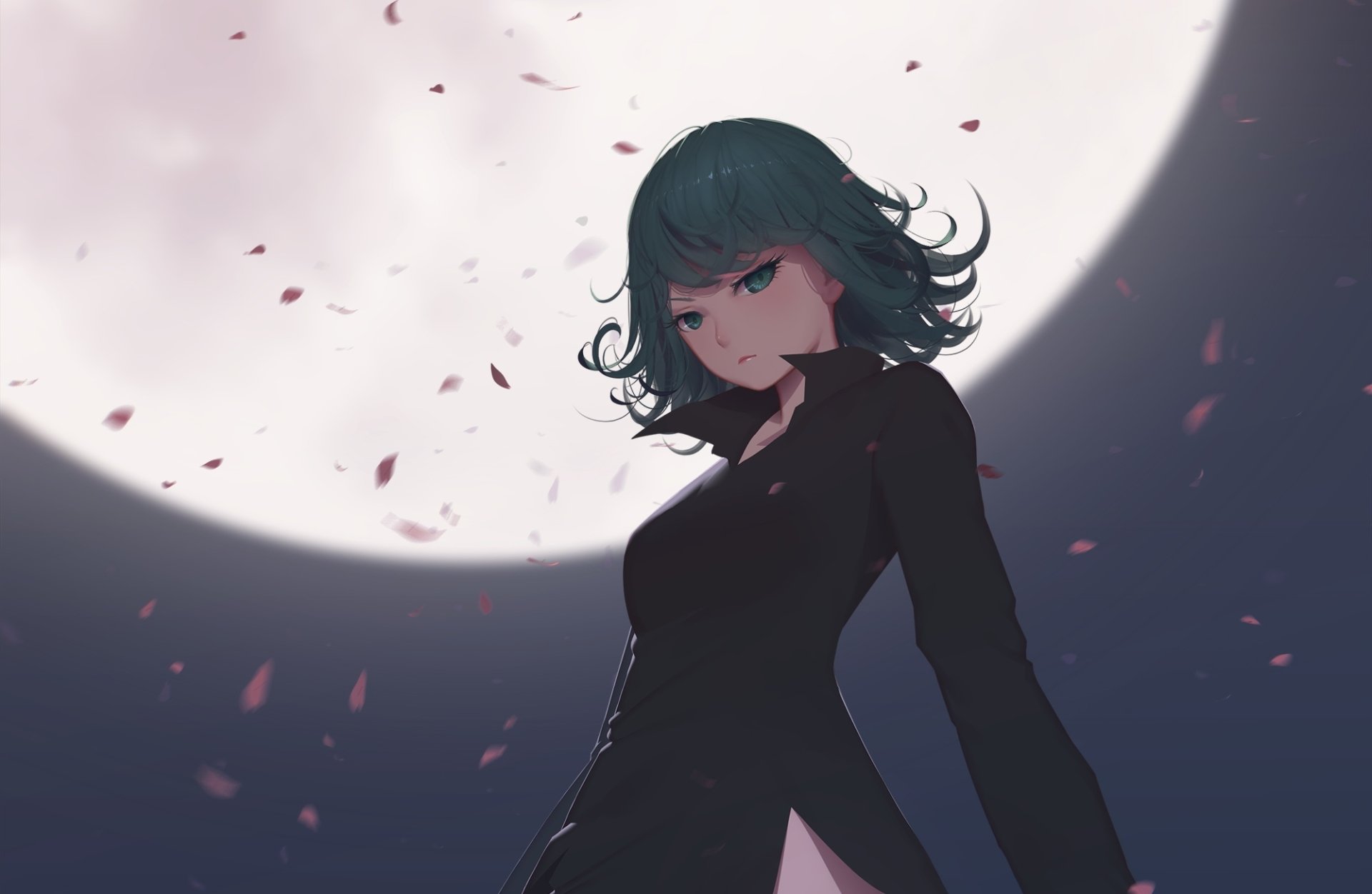 HD wallpaper featuring Tatsumaki from One-Punch Man against a backdrop of a full moon and falling cherry blossoms.