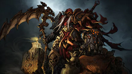 HD PC desktop wallpaper featuring a dark, armored character wielding a large weapon from the video game Darksiders, set against a moody, ominous background.