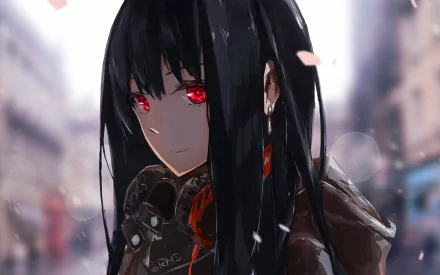 Anime desktop wallpaper featuring Rin Shibuya from The iDOLM@STER Cinderella Girls with long black hair and striking red eyes. The character is set against a blurred cityscape background.