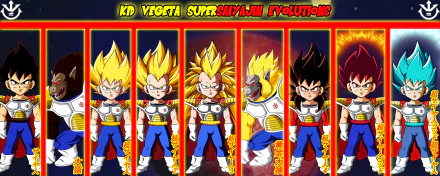 A vibrant HD wallpaper featuring Vegeta from Dragon Ball Z, showcasing his Super Saiyan evolutions in colorful, dynamic poses against a fiery background.