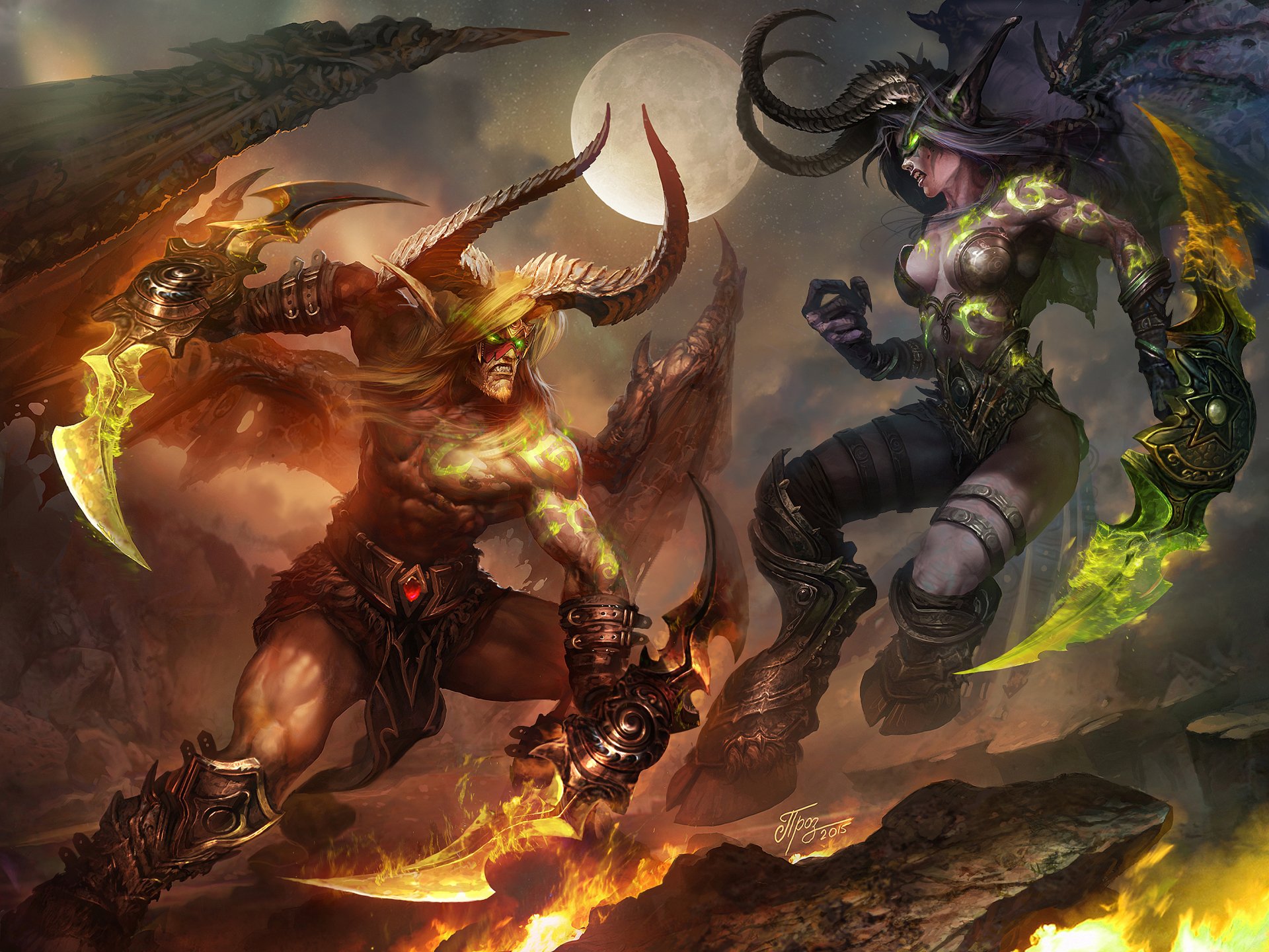 HD desktop wallpaper featuring iconic scenes from World of Warcraft, showcasing a fierce battle between a horned warrior and a powerful dark sorceress against a dramatic backdrop.
