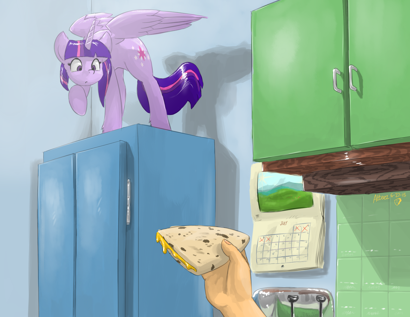 HD desktop wallpaper featuring Twilight Sparkle from the TV show My Little Pony: Friendship Is Magic, standing atop a refrigerator in a kitchen setting.