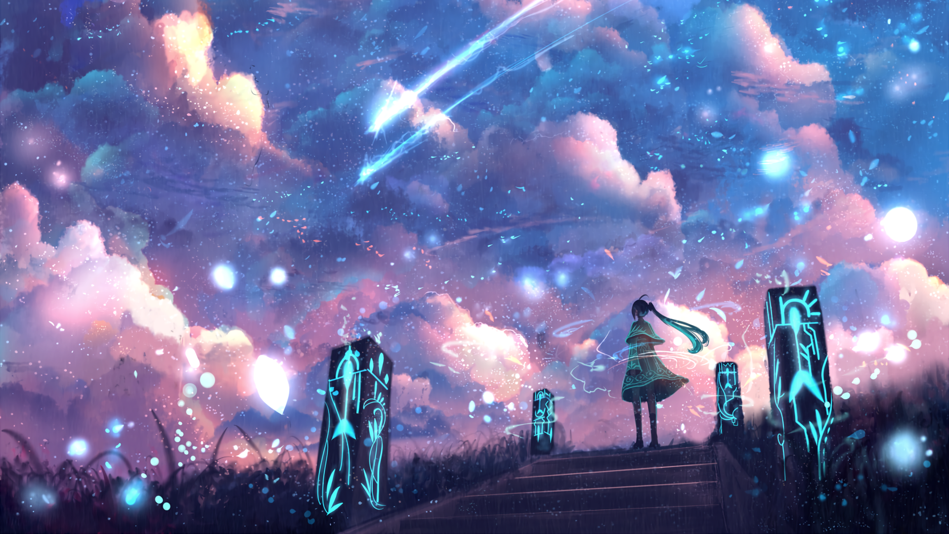 A serene anime girl stands beneath a vibrant sky filled with clouds and shooting stars, surrounded by glowing pillars, creating a captivating HD desktop wallpaper.