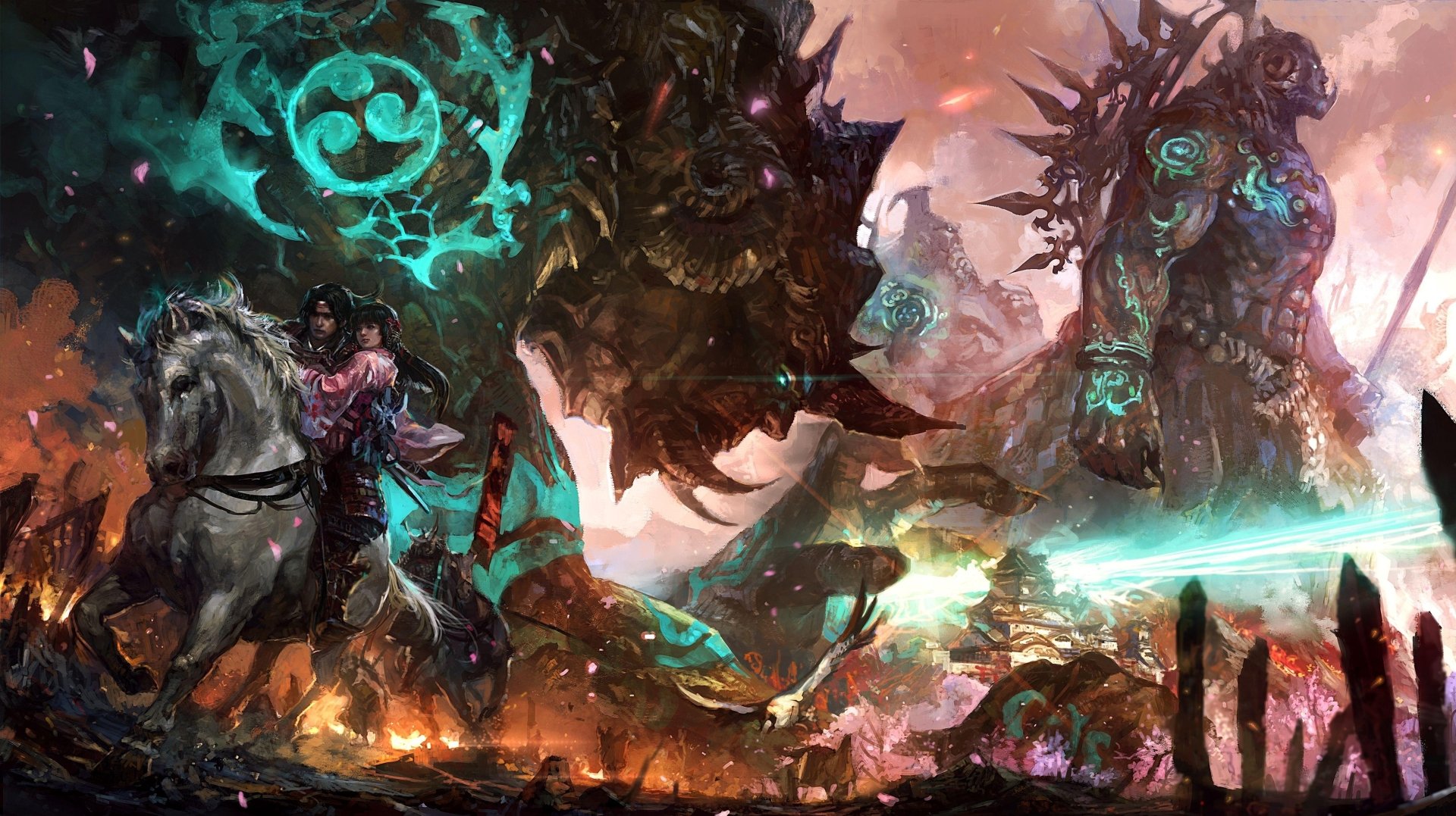 A stunning HD desktop wallpaper depicting a fantasy scene of destruction, featuring a rider on a majestic horse alongside a giant creature amidst a vibrant, chaotic landscape.