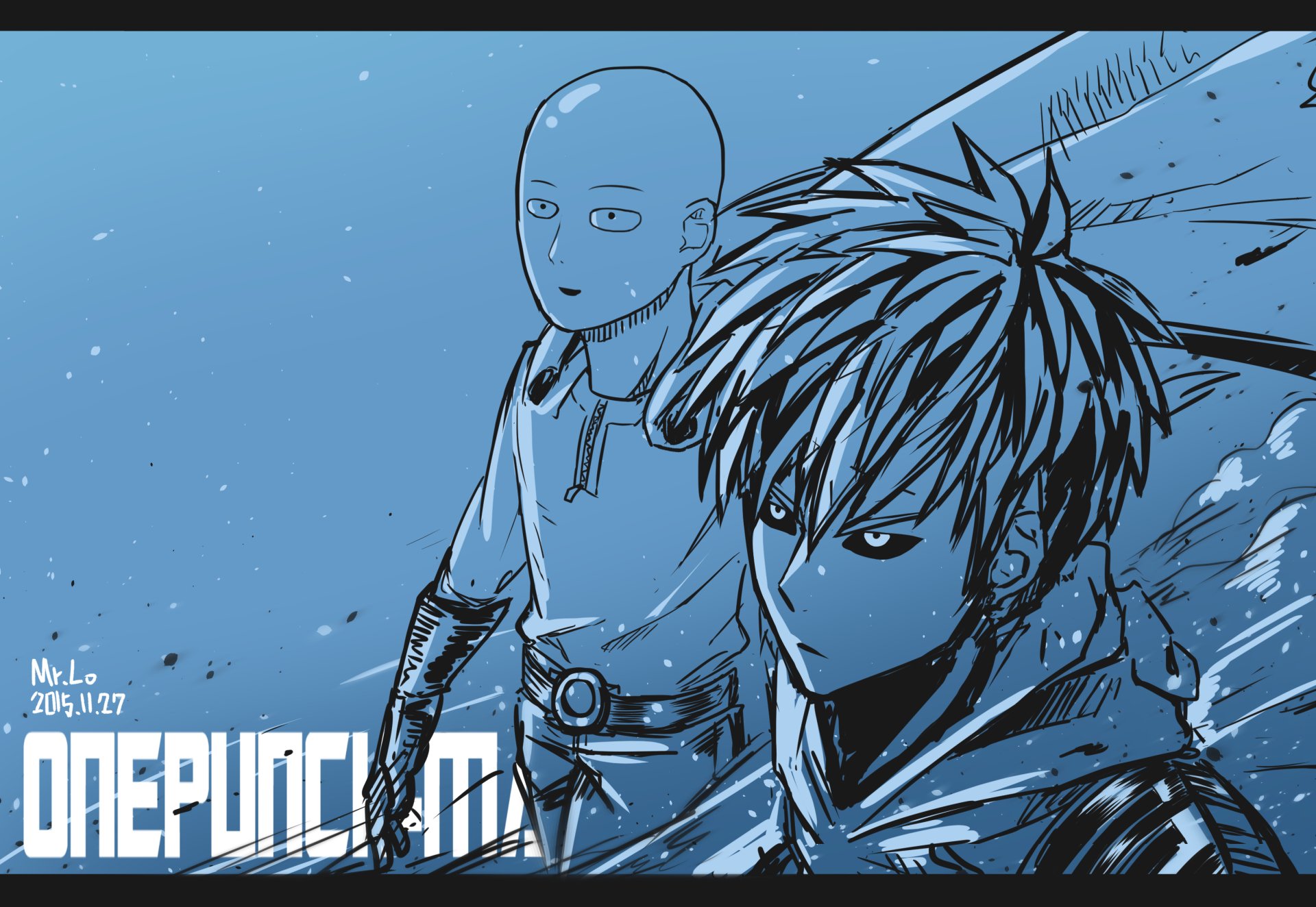 HD PC desktop wallpaper featuring Genos and Saitama from the anime One-Punch Man in a dynamic blue-toned illustration.