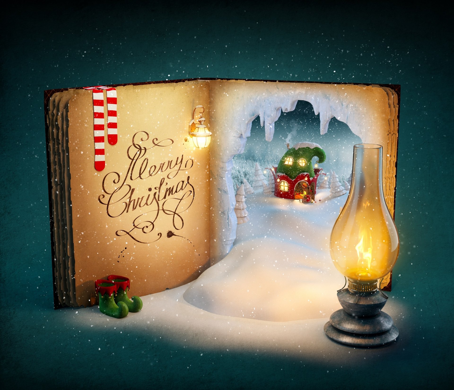 HD desktop wallpaper featuring an open book with Merry Christmas text, a glowing lantern, and a miniature snowy holiday scene, depicting a cozy house surrounded by snow and holiday decor.
