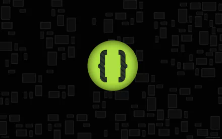 HD desktop wallpaper featuring a green circle with curly braces symbol, set against a dark background pattern of various screen sizes. Represents Android operating system, technology, and programming themes.