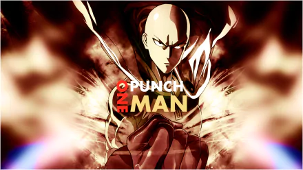 HD desktop wallpaper featuring Saitama from the anime One-Punch Man, showcasing the title in bold letters with an intense background.