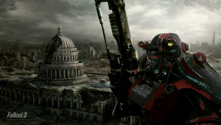 A dramatic HD wallpaper featuring Power Armor from Fallout 3, showcasing a soldier poised with a weapon against a desolate, post-apocalyptic backdrop of a ruined cityscape.