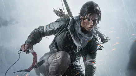 A dynamic HD wallpaper featuring a character from the video game Rise of the Tomb Raider, poised for action in a stormy environment with dramatic lighting and intense focus.