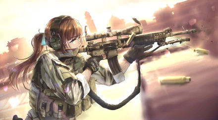 HD desktop wallpaper featuring an anime soldier with brown hair and headphones, aiming a weapon. The character is dressed in military gear against a blurred background.