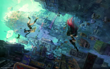 HD desktop wallpaper featuring Raven and Kat from the video game Gravity Rush 2, showcasing dynamic aerial action over a vibrant cityscape.