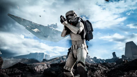 A high-definition desktop wallpaper featuring a stormtrooper from Star Wars Battlefront (2015) with a Star Destroyer in the background, set against a rugged landscape and a cloudy sky.