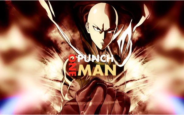 HD desktop wallpaper featuring Saitama from the anime One-Punch Man, showcasing the title in bold letters with an intense background.