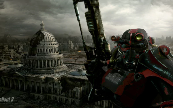 A dramatic HD wallpaper featuring Power Armor from Fallout 3, showcasing a soldier poised with a weapon against a desolate, post-apocalyptic backdrop of a ruined cityscape.