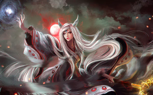 Anime-style HD wallpaper featuring Kaguya Ōtsutsuki from Naruto. She has long white hair, horn-like protrusions, and is set against a mystical background with a moon.