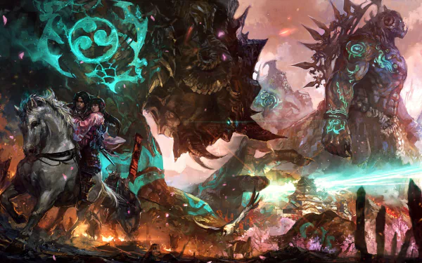 A stunning HD desktop wallpaper depicting a fantasy scene of destruction, featuring a rider on a majestic horse alongside a giant creature amidst a vibrant, chaotic landscape.