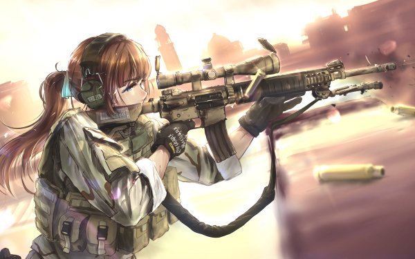 Anime Military Soldier Weapon Headphones Brown Hair HD Wallpaper | Background Image