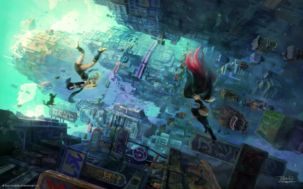 HD desktop wallpaper featuring Raven and Kat from the video game Gravity Rush 2, showcasing dynamic aerial action over a vibrant cityscape.