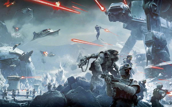 A dynamic scene from Hoth in Star Wars Battlefront (2015), featuring soldiers, AT-AT Walkers, and intense battles with spaceships and laser fire, set against a snowy landscape.