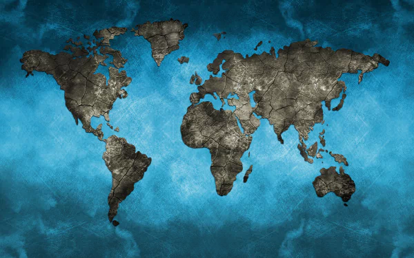 A textured world map in shades of gray on a vibrant blue background, presented as a 4K Ultra HD PC desktop wallpaper and background.