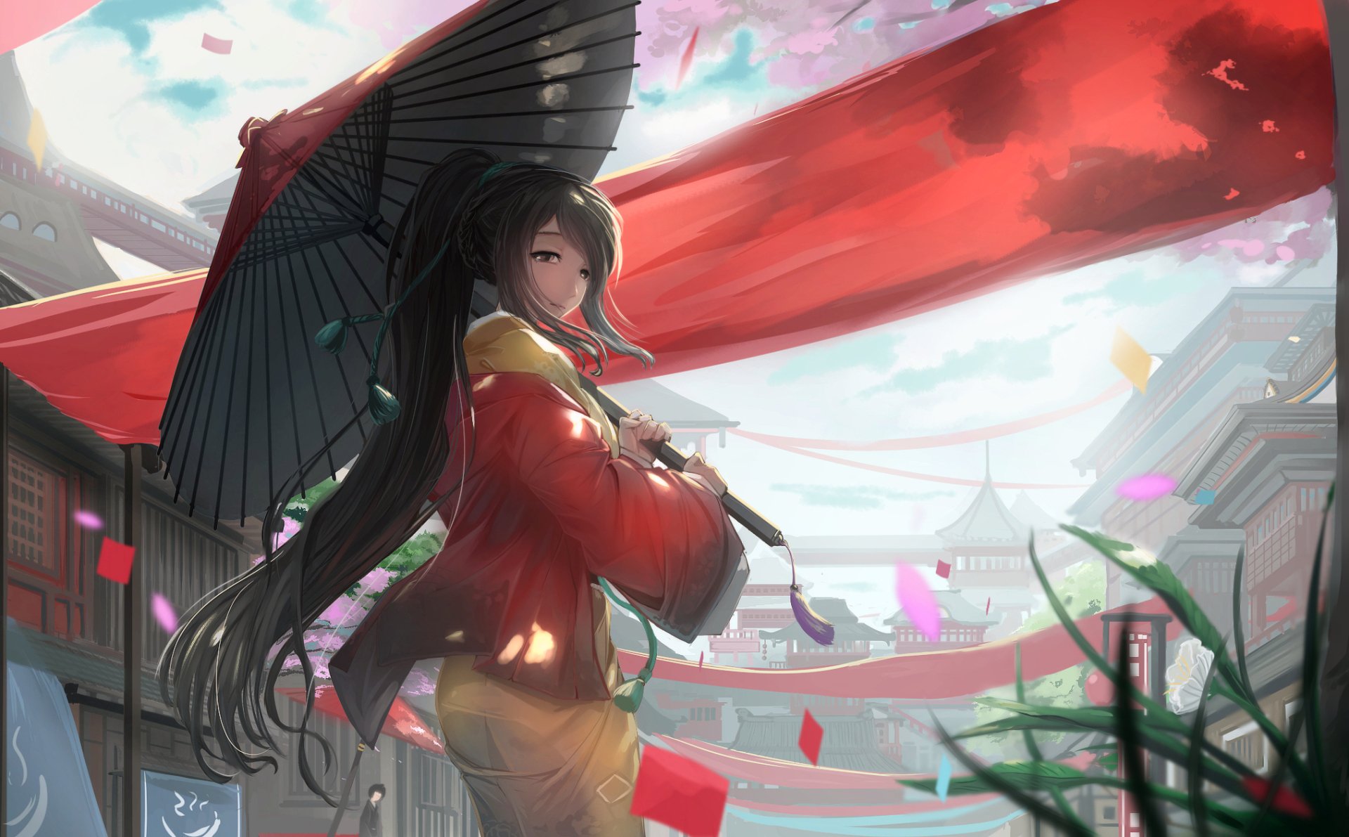 A serene anime girl with long brown hair and brown eyes, dressed in a vibrant kimono, holds a decorative umbrella amidst a colorful background of ribbons and petals.