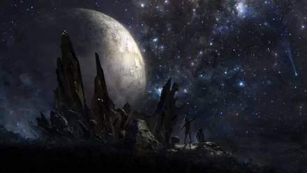 A stunning HD sci-fi wallpaper featuring a dramatic night sky filled with stars, a massive moon, and silhouettes of figures against jagged rock formations.