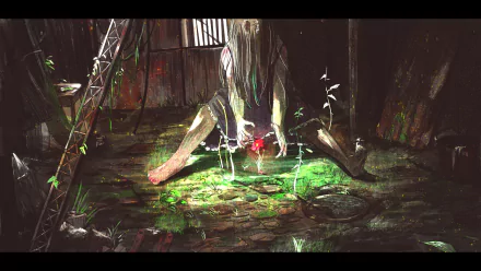 HD anime original artwork of a mysterious figure sitting amidst glowing green light in a dark, overgrown, and abandoned urban setting, designed as a PC desktop wallpaper.