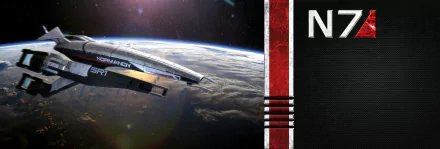 HD PC desktop wallpaper featuring the Normandy SR-1 spaceship from the sci-fi video game Mass Effect orbiting above a planet.