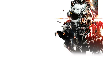 Venom Snake portrait with eyepatch and glitching red-orange embers on white background — video game Metal Gear Solid V: The Phantom Pain HD PC desktop wallpaper.