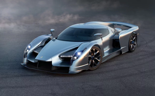 HD desktop wallpaper featuring a sleek silver SCG 003 Stradale supercar on a dark asphalt surface under a moody sky.