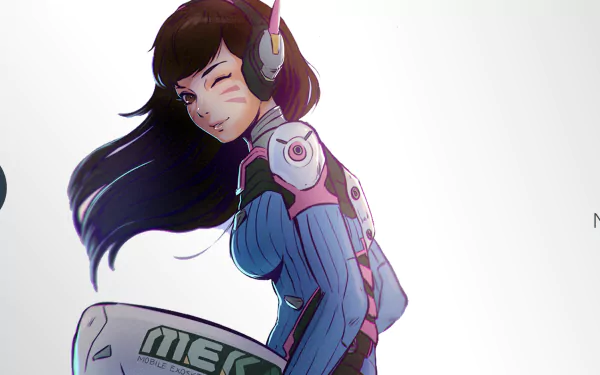 HD desktop wallpaper featuring D.Va from the video game Overwatch, showcasing her in her iconic blue and pink suit, winking playfully with her headset on.