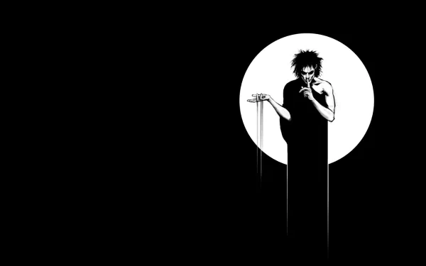 HD PC desktop wallpaper — comic-style The Sandman: black silhouette with flowing, sand-like cloak before a white moon on a stark black background.