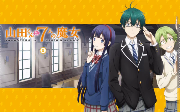 HD wallpaper featuring characters Shinichi Tamaki and Mikoto Asuka from Yamada-kun and the Seven Witches, with Haruma Yamazaki, set against a bright yellow background.