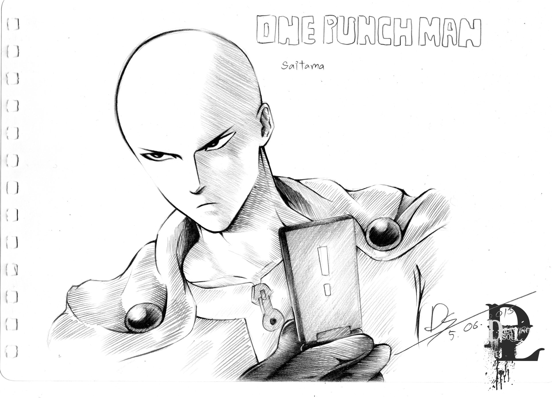 Black and white sketch of Saitama from One-Punch Man, featured as an 8K Ultra HD anime PC desktop wallpaper and background.