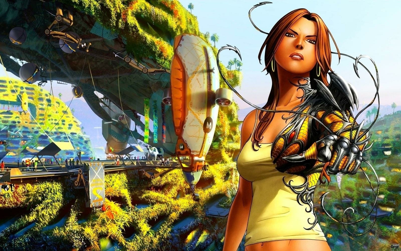 HD PC desktop wallpaper featuring a vibrant comic-style Witchblade character with intricate armor, set against a lush, futuristic landscape.