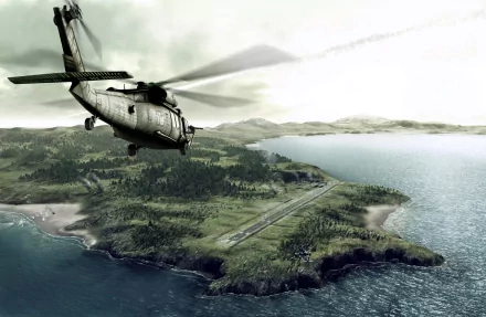 HD desktop wallpaper featuring a military helicopter flying over a scenic coastline with a runway blending into the lush, green landscape.