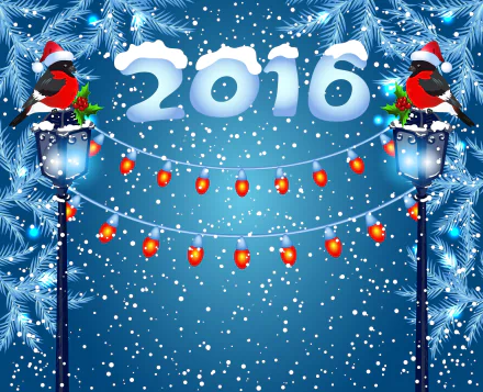 A vibrant HD wallpaper featuring festive elements, including snow, red lanterns, and cheerful birds, celebrating the New Year 2016 against a cool blue background.