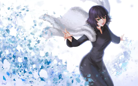 HD anime desktop wallpaper featuring Fubuki from One-Punch Man, depicted in a dynamic pose with a snowy, abstract background.