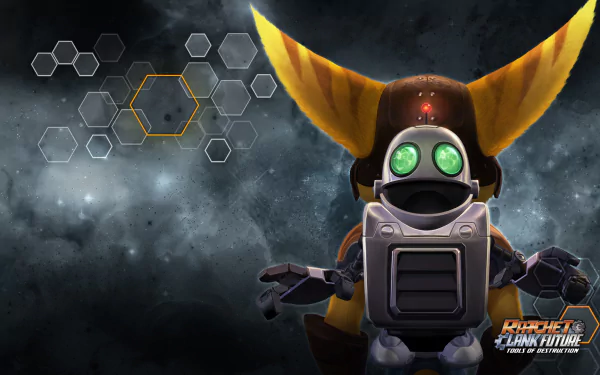 HD PC desktop wallpaper featuring Ratchet & Clank from the video game Ratchet & Clank Future: Tools of Destruction with hexagonal digital graphics on a smoky background.