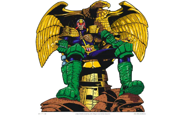 Comic-style Judge Dredd in green armor seated on a golden eagle throne above rubble — HD PC desktop wallpaper/background.